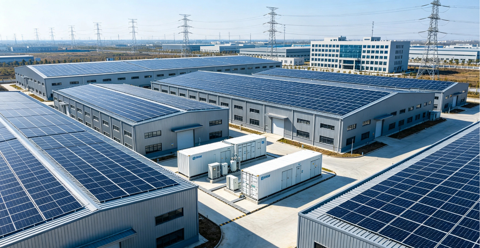 Industrial park with rooftop photovoltaic systems and storage
