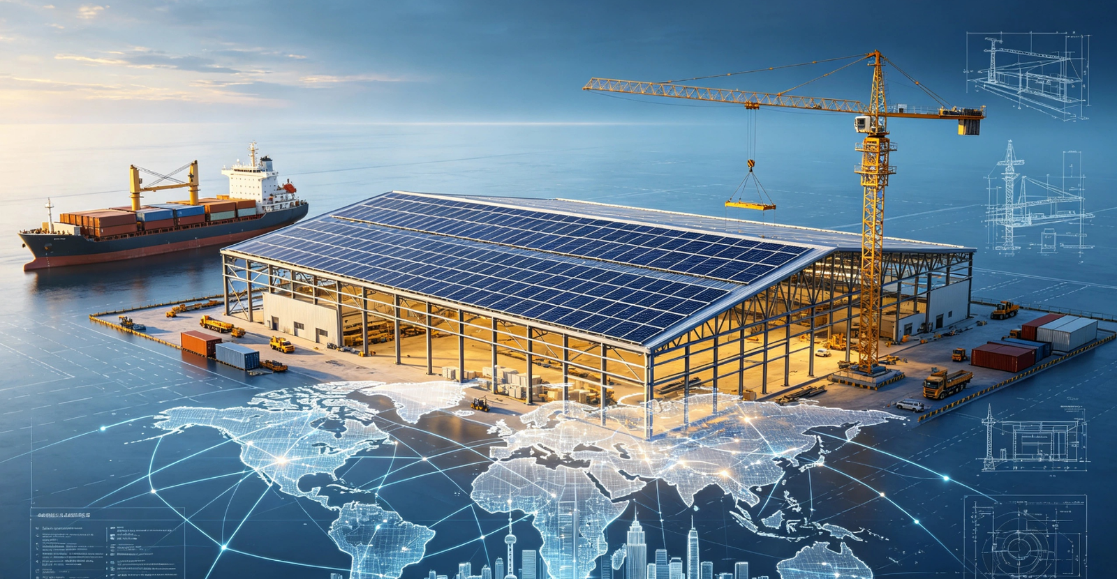 Port industrial steel building with rooftop solar